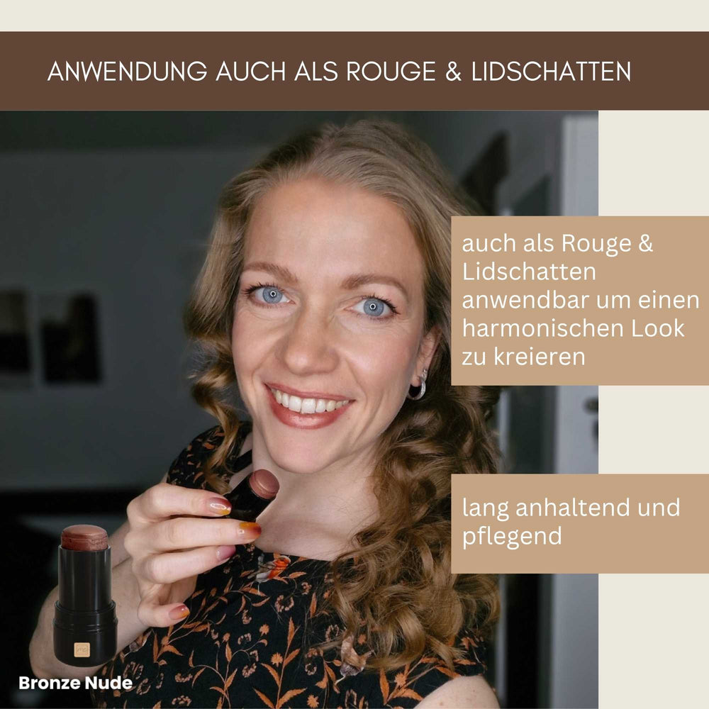 Anwendung des 3-in-1 Lippenstifts Bronze Nude als Lippenstift, Rouge und Creme-Lidschatten für einen harmonischen Look