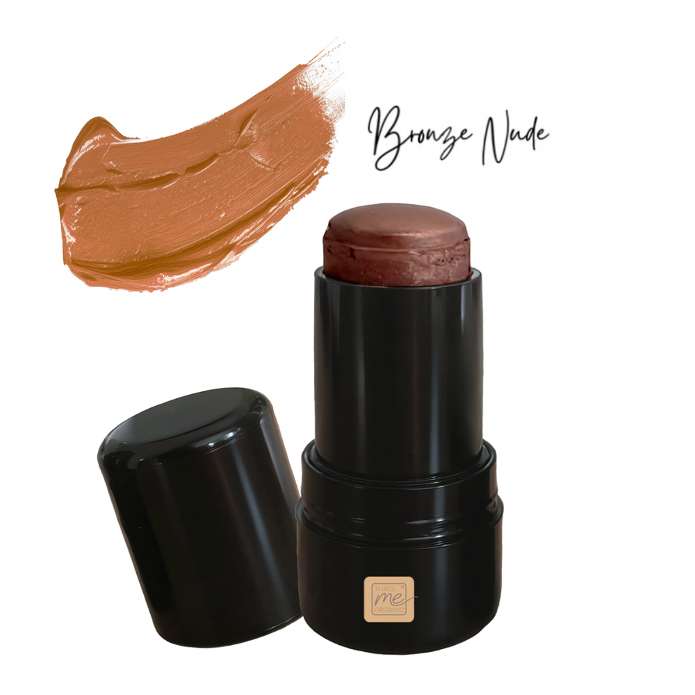 Unser Lippenstift Bronze Nude auf weißem Hintergrund mit Beschriftung
