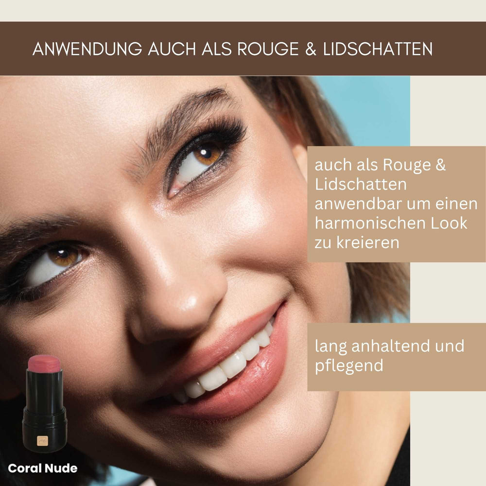 Anwendung des 3-in-1 Lippenstifts Coral Nude als Lippenstift, Rouge und Creme-Lidschatten für einen harmonischen Look