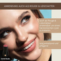 Anwendung des 3-in-1 Lippenstifts Coral Nude als Lippenstift, Rouge und Creme-Lidschatten für einen harmonischen Look