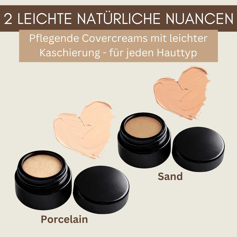 Zwei leichte natürliche Nuancen der Silky Cover Cream, Porcelain und Sand, für unterschiedliche Hauttypen