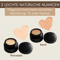 Zwei leichte natürliche Nuancen der Silky Cover Cream, Porcelain und Sand, für unterschiedliche Hauttypen