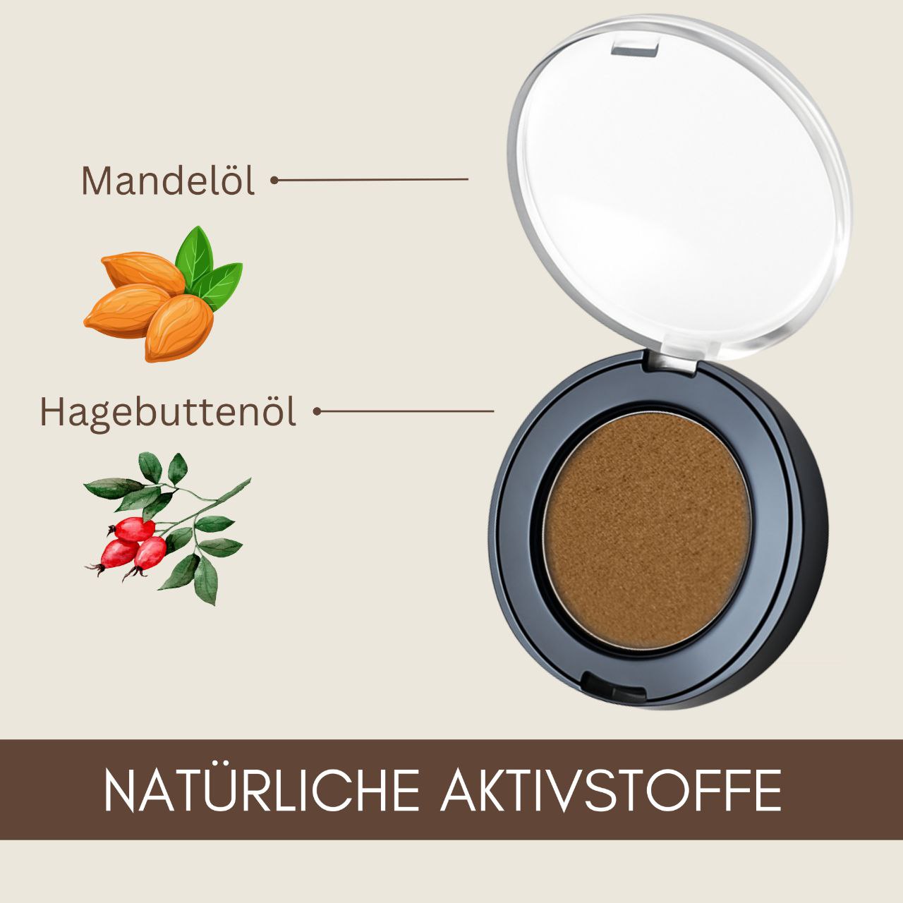 Thats me Organic® runde Schminkdose mit Mandel- und Hagebuttenöl-Abbildungen, beschriftet mit NATÜRLICHE AKTIVSTOFFE. Titandioxidfreie Naturkosmetik Lidschatten in dezentem Metallic Copper-ideal für einen natürlich strahlenden Look.