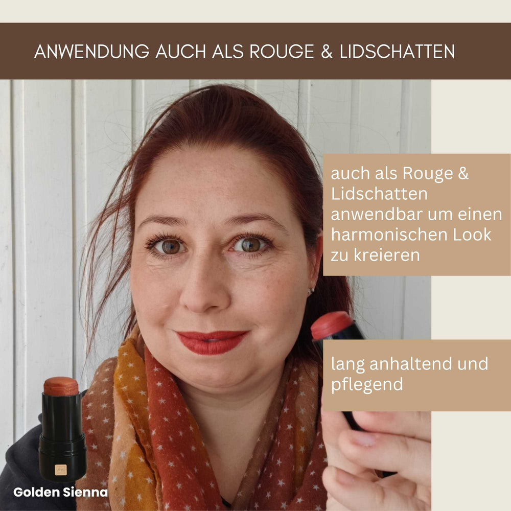 Anwendung des 3-in-1 Lippenstifts Golden Sienna als Lippenstift, Rouge und Creme-Lidschatten für harmonischen Look