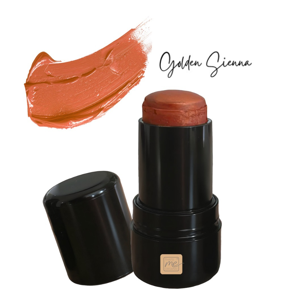 Unser Lippenstift Golden Sienna auf weißem Hintergrund mit Beschriftung