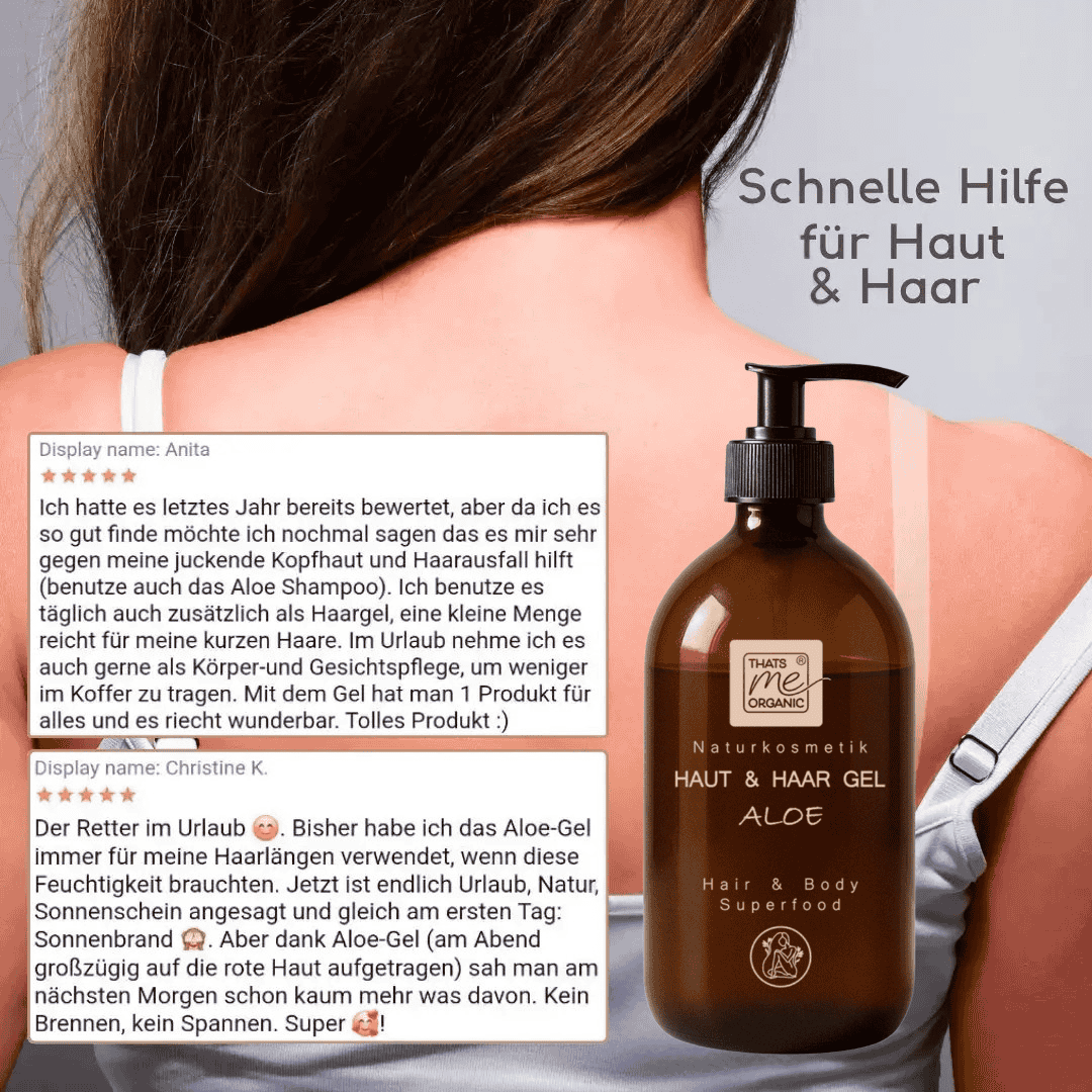 Haut und Haargel Aloe von Thats me organic mit echten Kundenbewertungen – hilft bei trockener Kopfhaut, Juckreiz und zur Pflege von Haut und Haar