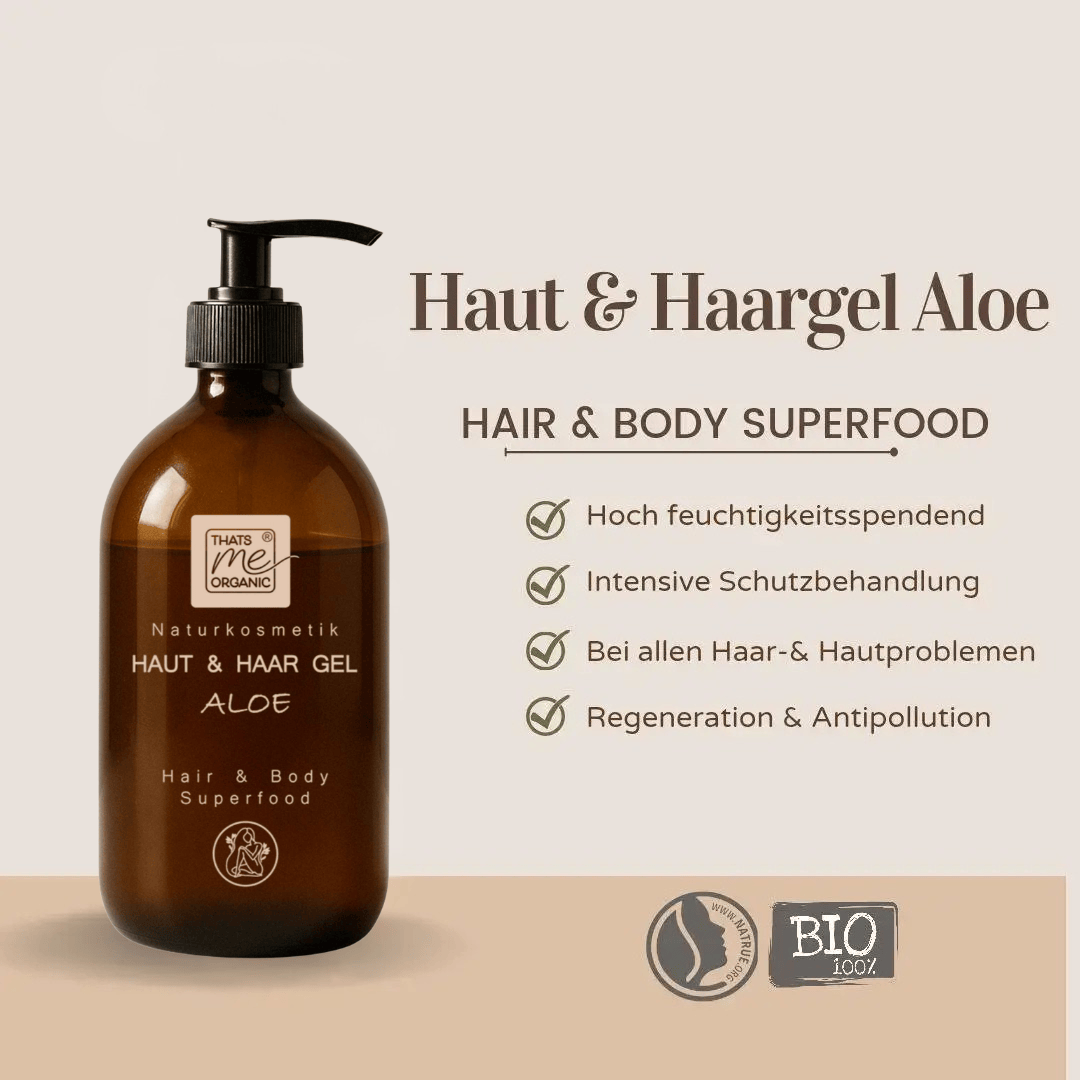 Haut und Haargel Aloe von Thats me organic mit 99,5 Prozent Bio Aloe Vera – spendet Feuchtigkeit, unterstützt Regeneration und schützt die Haut