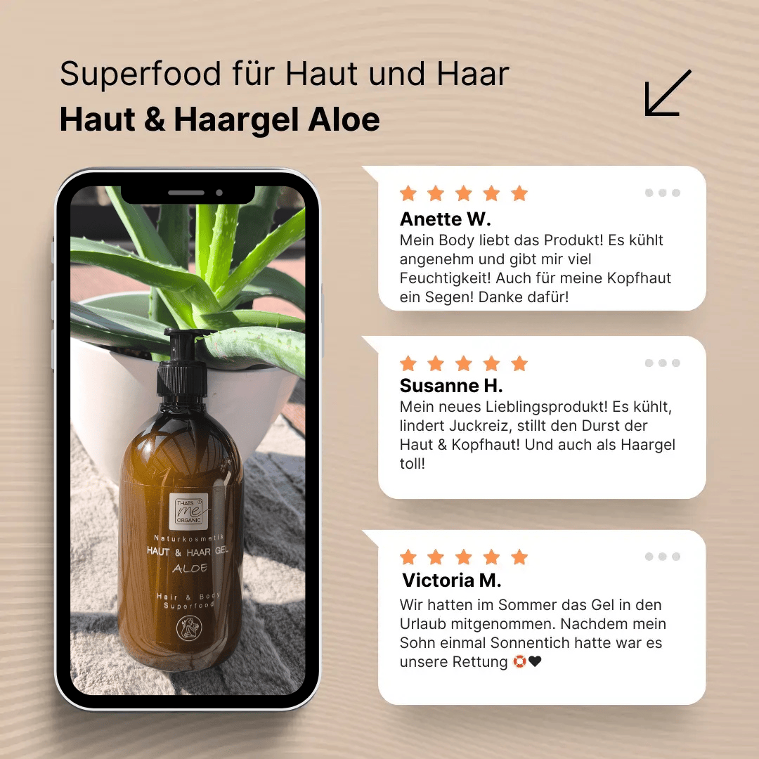 Kundenbewertungen zum Haut und Haargel Aloe von Thats me organic – feuchtigkeitsspendendes Aloe Vera Gel für Haut und Kopfhaut