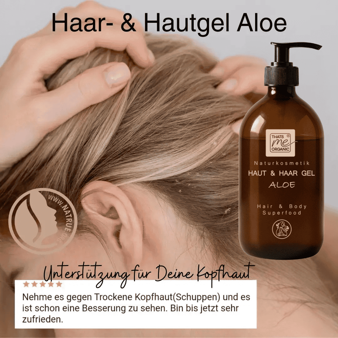 Haut und Haargel Aloe von Thats me organic bei trockener Kopfhaut und Schuppen – beruhigende Pflege für die Kopfhaut mit Bio Aloe Vera