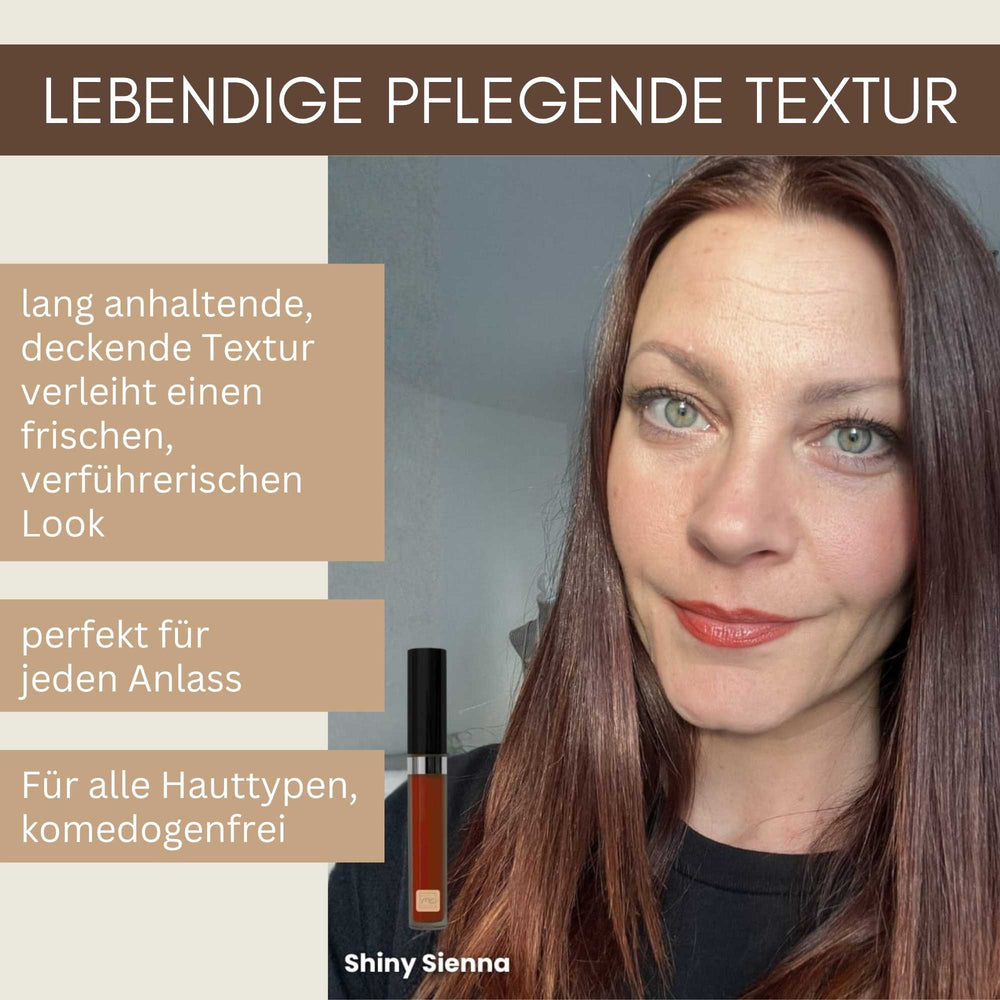 Bio Lipgloss Shiny Sienna aufgetragen für einen frischen, verführerischen und langanhaltenden Glanz-Look