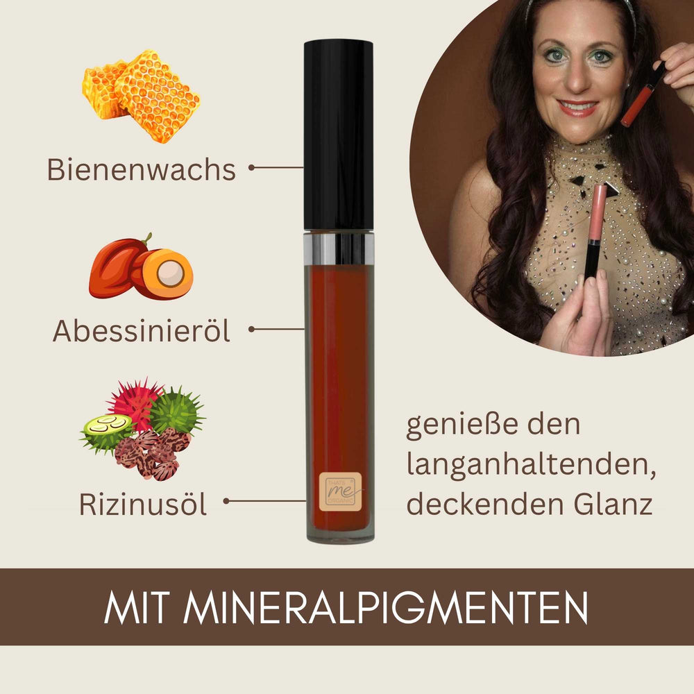 Bio Lipgloss Shiny Sienna mit Bienenwachs, Abessinieröl, Rizinusöl und hochwertigen Mineralpigmenten