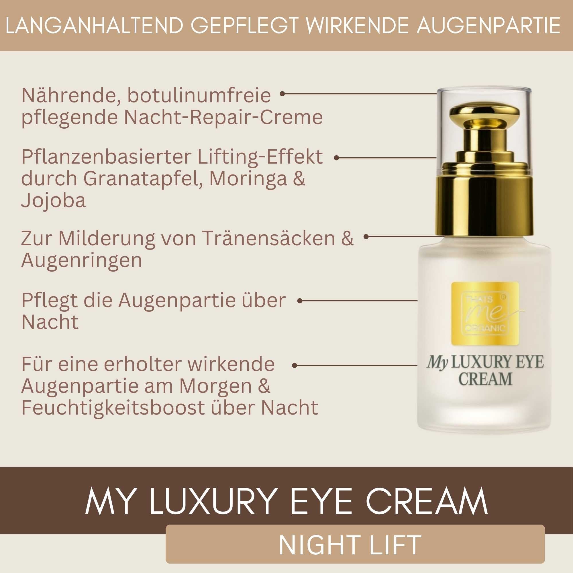 Pflegende Night Lift Augencreme von Thats me organic für eine erholt wirkende Augenpartie am Morgen – sanfte Bio-Nachtpflege ohne synthetische Zusätze.