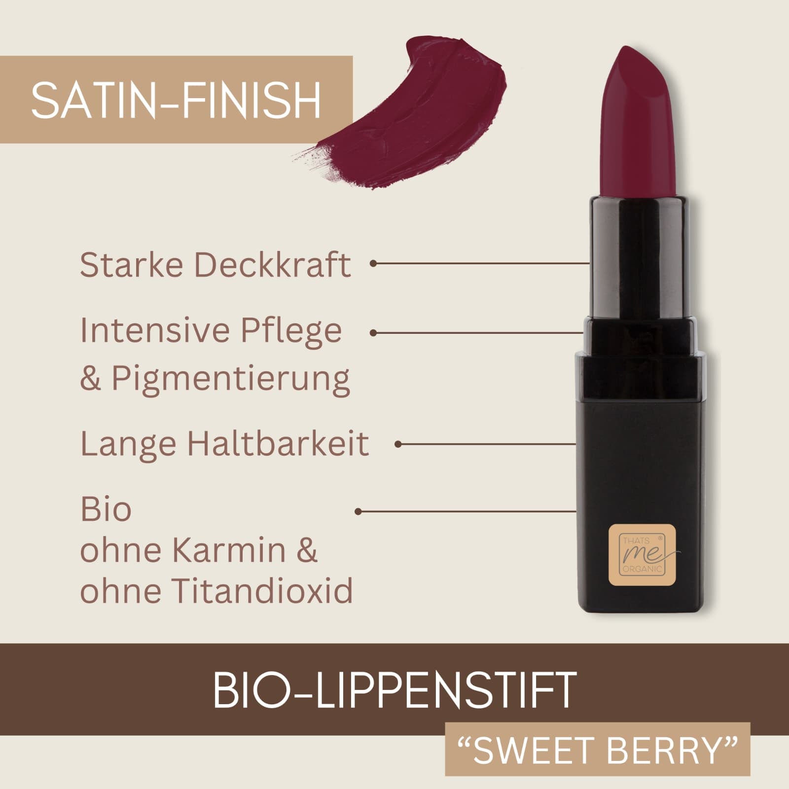 Bio-Lippenstift - vegan, tierversuchsfrei + ohne Titandioxid – langanhaltend + Pflegend