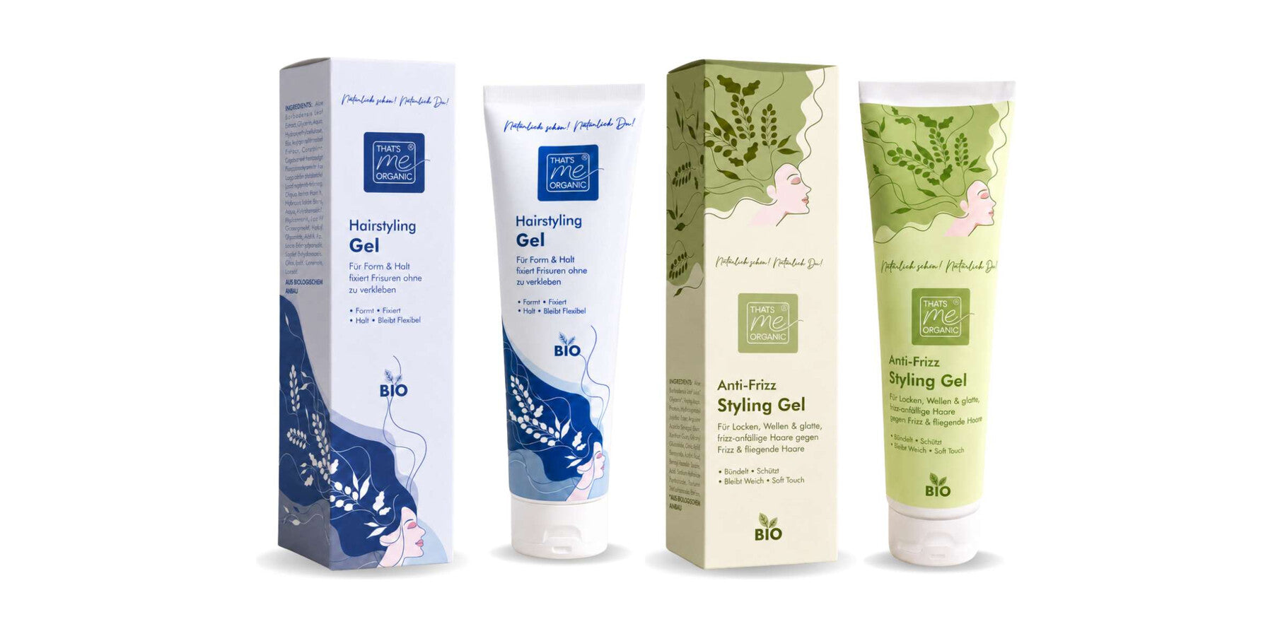 BIO Hairstyling Gel die Uschi und BIO Anti-Frizz Styling Gel de Fritz von Thats me Organic nebeneinander