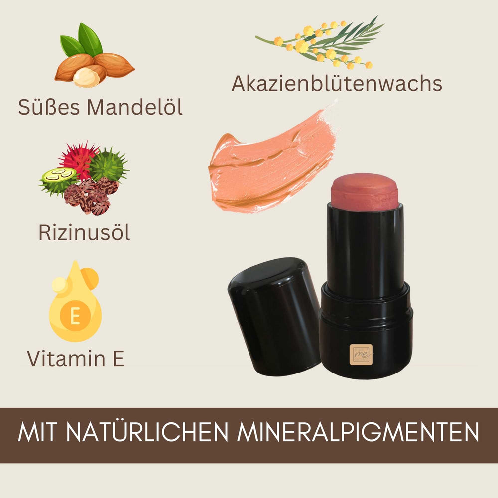 3-in-1 Bio Lippenstift Peachy Nude mit Mandelöl, Rizinusöl, Vitamin E, Akazienblütenwachs und natürlichen Mineralpigmenten