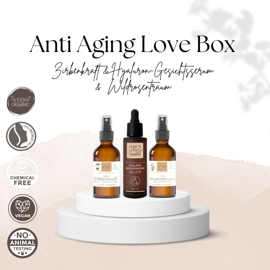 Savings set ANTI AGING LOVE BOX for 2: Hyaluronic facial serum, wild rose dream &amp; pine power 