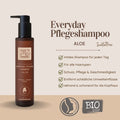 Braune Flasche Everyday Pflegeshampoo Aloe, mit deutscher Auflistung der Produktvorteile und BIO 100% Label.