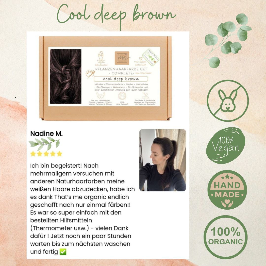 Colorazione professionale per capelli vegetali castano scuro freddo "cool deep brown" confezione di ricarica da 90 g
