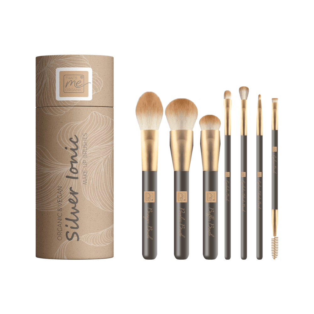 Sechser-Set Thats me Organic® Profi-Pinsel Set Make-up-Pinsel mit goldenen und schwarzen Stielen neben einem zylindrischen Kartonbehälter; perfekt für alle, die hochwertige, vegane Make-up-Pinsel für ihre Beauty-Routine suchen.