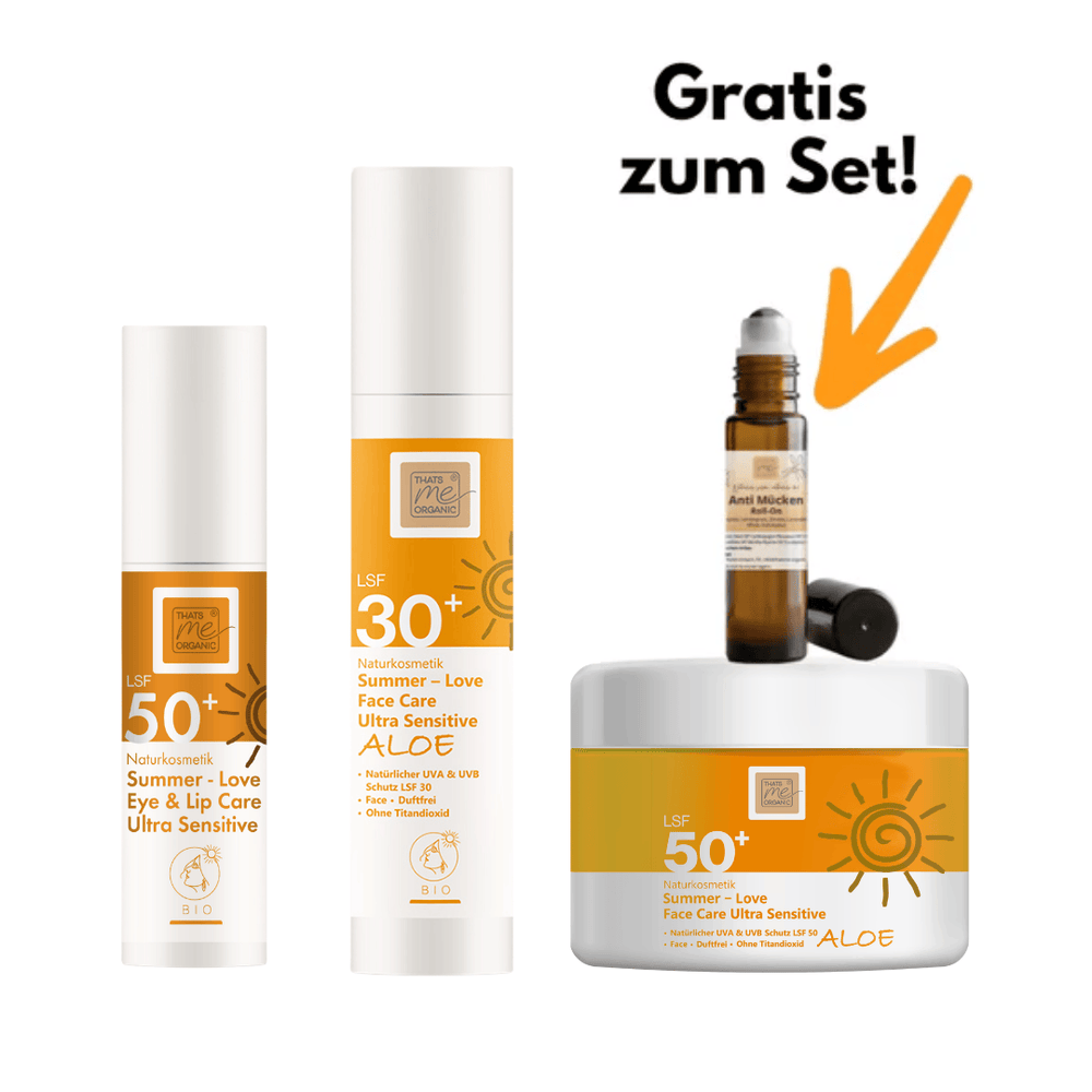 Bio-Sonnenschutz Set FACE LSF 30 & 50 + Eye & Lip Care + Gratis Mücken Roll-on