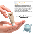 Hände beim Eincremen, in der Hand eine Thats me Organic® Lovely Hands Handcreme mit Hyaluron; Bewertung und Produktdetails heben die zertifizierte Bio-Naturkosmetik-Qualität hervor.