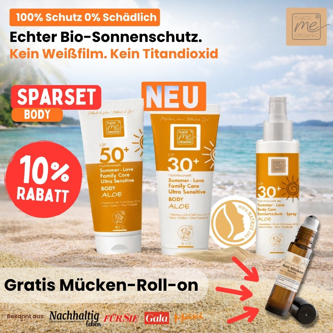 Bio-Sonnenschutz Set BODY LSF 30 & 50 + Spray für die ganze Familie + Gratis Mücken Roll-on
