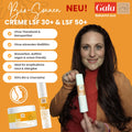 Eine Frau in Orange hält zwei Thats me Organic® Bio Sonnencreme-Produkte in der Hand; neben ihr sind auf orangem Hintergrund Merkmale wie Sonnenschutz ohne Titandioxid und LSF 30+ hervorgehoben.