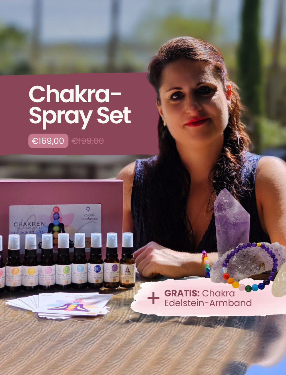 Chakra Aromatherapie Aura-, Raumduft-, Yoga- &  Meditationsspray Set in Geschenkbox + Chakra-Edelstein-Armband – für energetische Balance