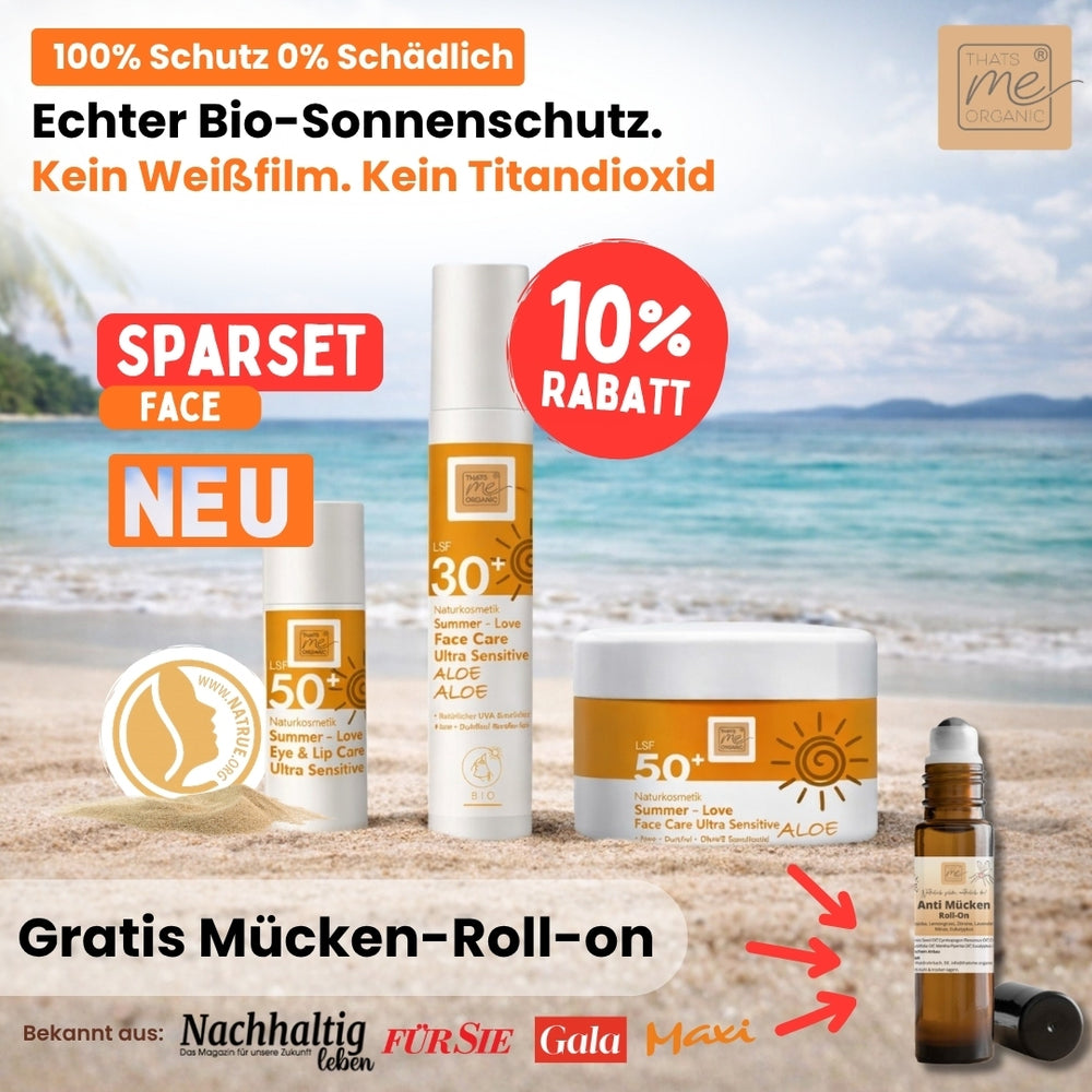 Bio-Sonnenschutz Set FACE LSF 30 & 50 + Eye & Lip Care + Gratis Mücken Roll-on