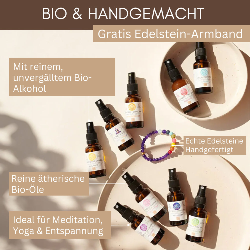 Chakra Aromatherapie Aura-, Raumduft-, Yoga- &  Meditationsspray Set in Geschenkbox + Chakra-Edelstein-Armband – für energetische Balance