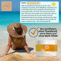 Eine Frau mit Strohhut sitzt am Strand; Thats me Organic® Sonnencreme LSF 50+ mit UVA- und UVB-Schutz sowie ihre Vorteile werden im Bild angezeigt.