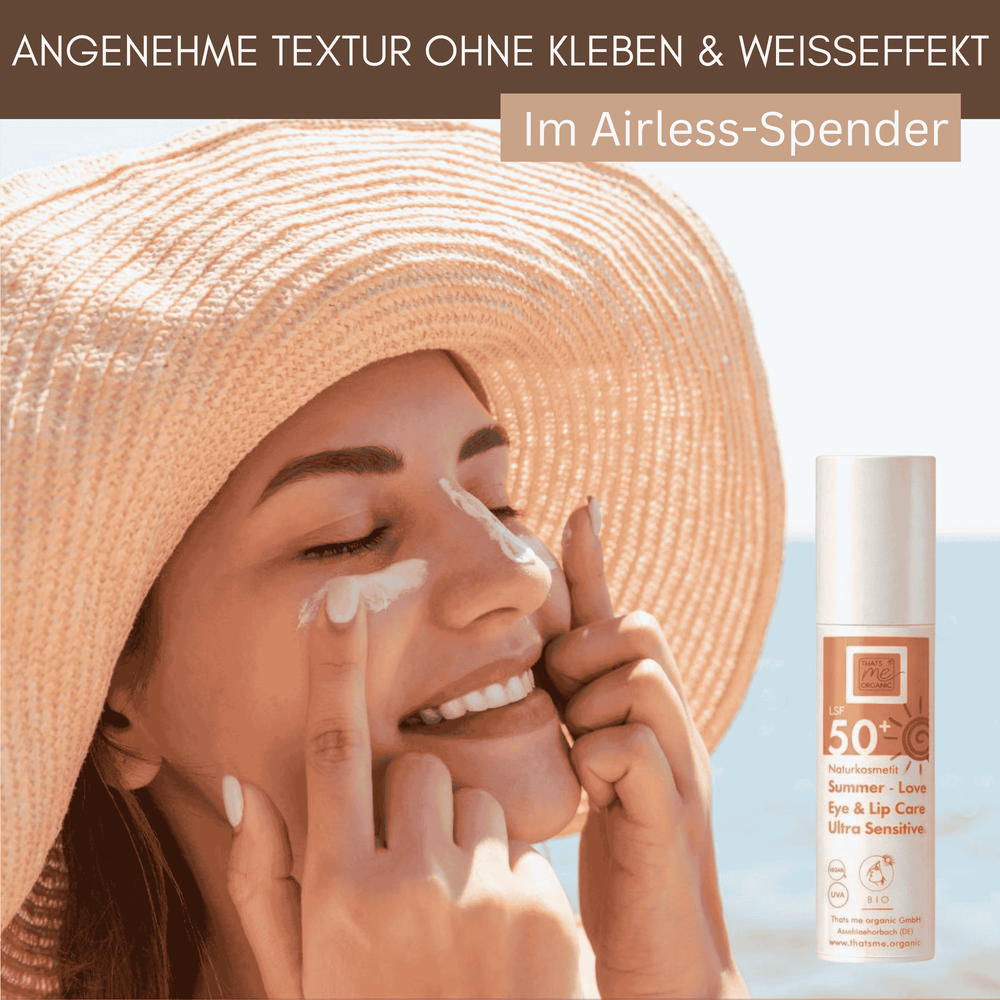 Frau trägt sanften Sonnenschutz auf die Augenpartie auf – leichte Textur, kein Kleben und kein Weißfilm, ideal für empfindliche Haut.