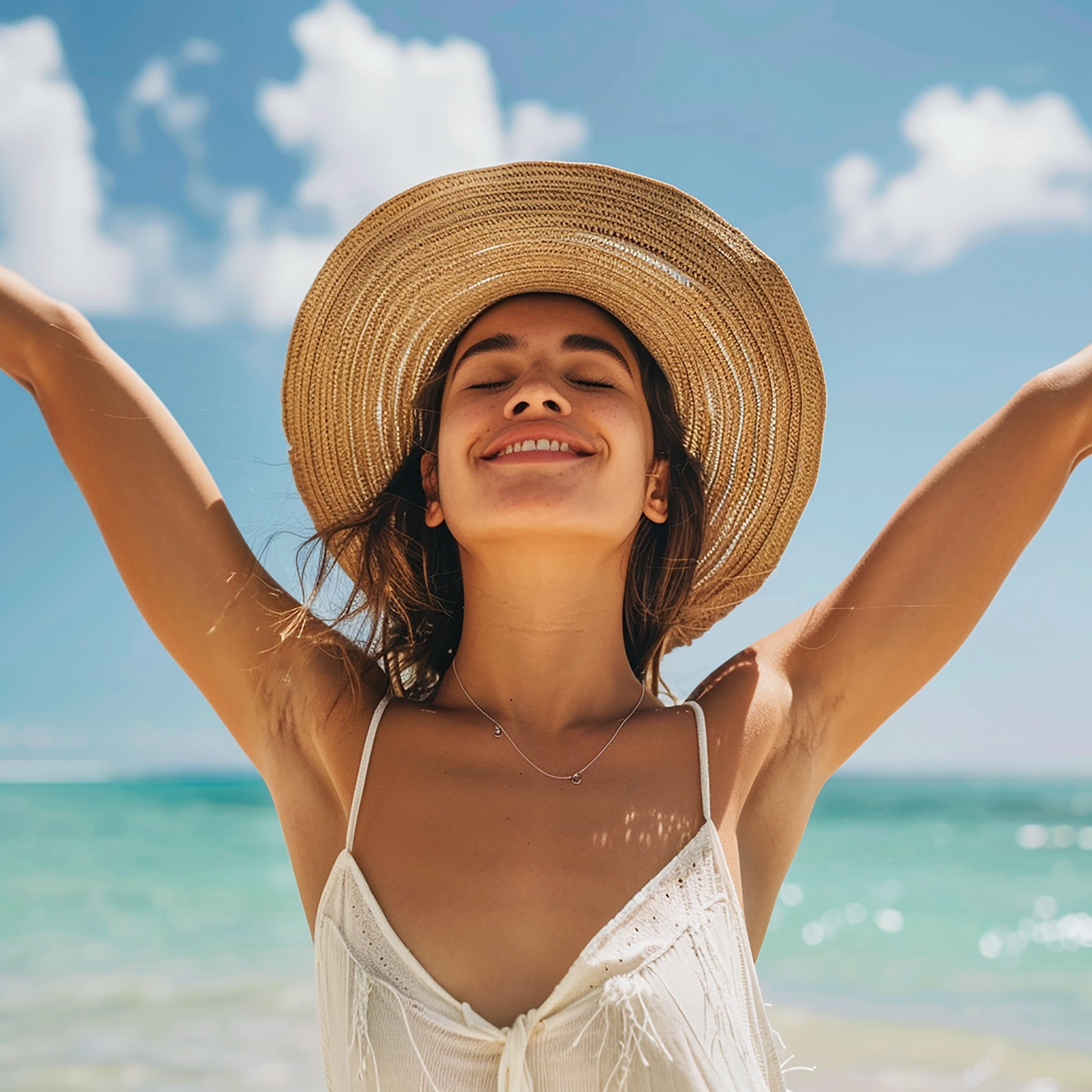 Frau mit Strohhut, lächelnd mit erhobenen Armen an einem sonnigen Strand mit blauem Himmel und Meer im Hintergrund.