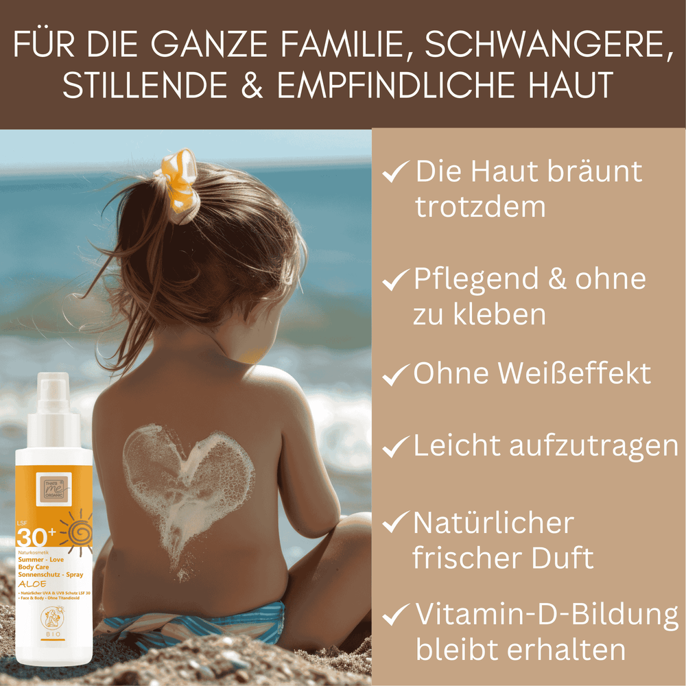 Summer Love Body Care Sonnenschutz Spray Aloe LSF 30 von Thats me organic für die ganze Familie – sanfter Schutz für Kinder, empfindliche Haut sowie Schwangere und Stillende