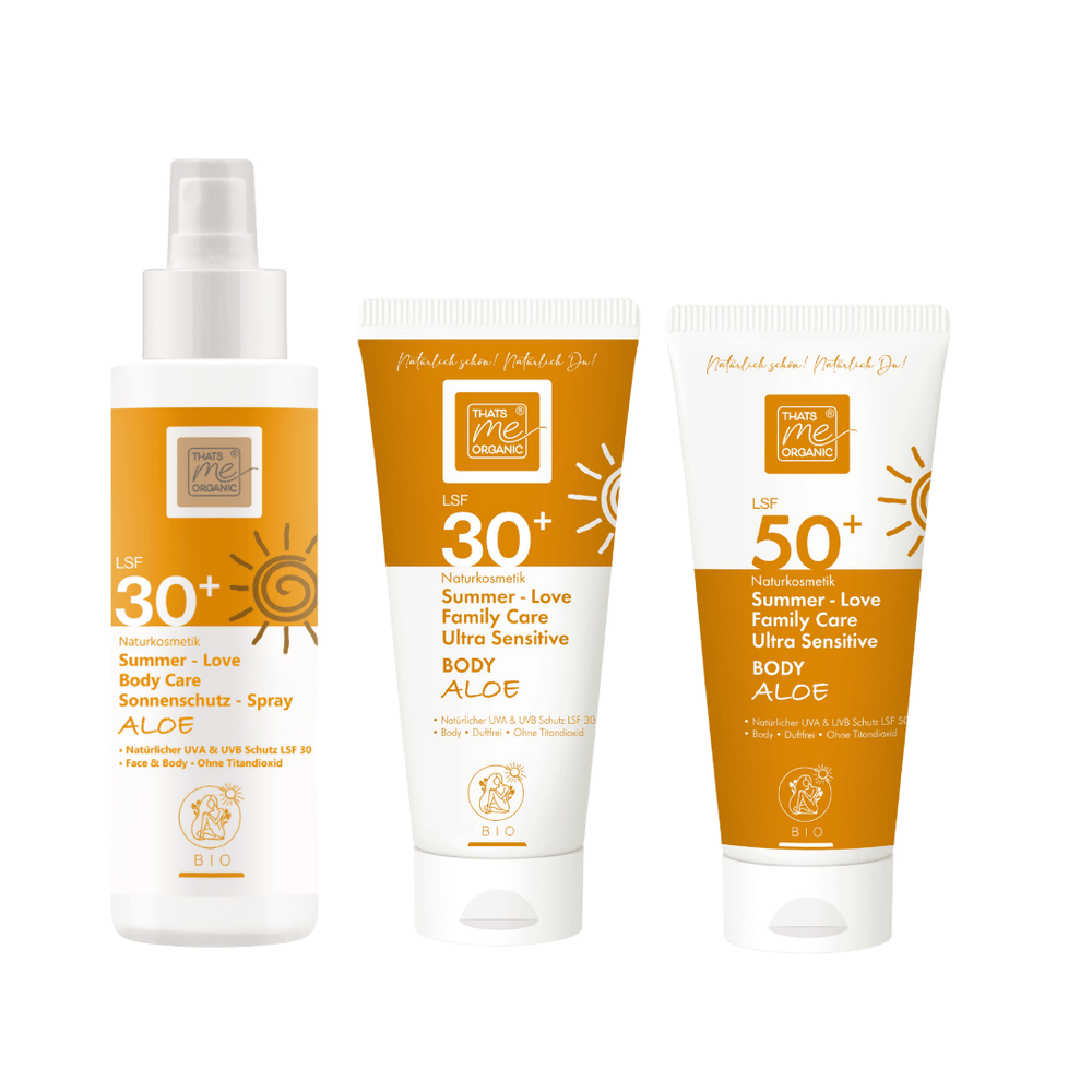 Summer Love Body Care Sonnenschutz Spray Aloe LSF 30 sowie Family Care Body Aloe LSF 30 und LSF 50 von Thats me organic im Set – ideal für die ganze Familie und empfindliche Haut