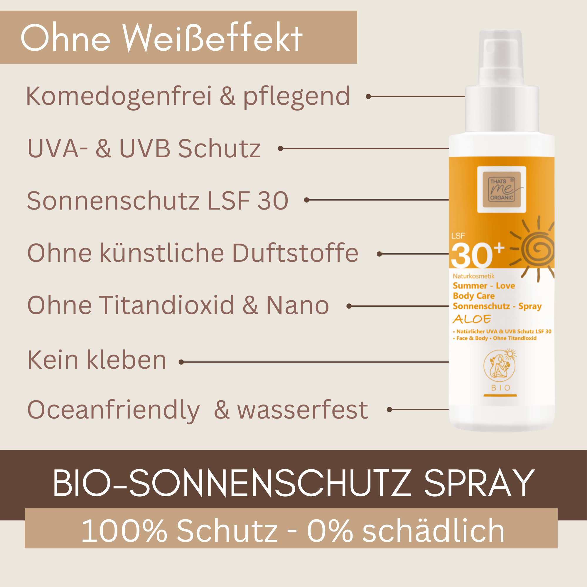 Summer Love Body Care Sonnenschutz Spray Aloe LSF 30 ohne Weißeffekt, komedogenfrei und pflegend – mit UVA und UVB Schutz, wasserfest und ocean friendly