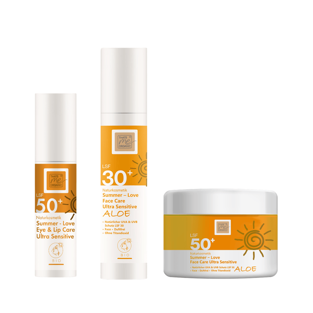 Summer Love Face Care Ultra Sensitive Aloe LSF 30 und LSF 50 sowie Eye Lip Care LSF 50 von Thats me organic als Set – sanfter Sonnenschutz für Gesicht, Augen und Lippen bei empfindlicher Haut