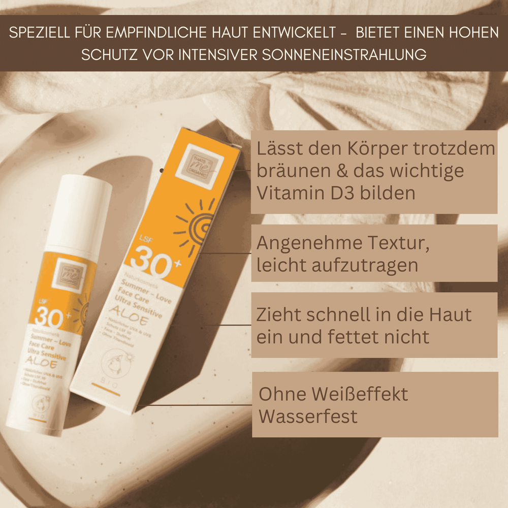 Summer Love Face Care Ultra Sensitive Aloe LSF 30 von Thats me organic mit angenehmer Textur, zieht schnell ein, fettet nicht und hinterlässt keinen Weißeffekt