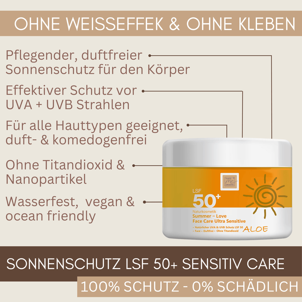 Summer Love Face Care Ultra Sensitive Aloe LSF 50 Sonnenschutz ohne Weißeffekt und ohne Kleben – schützt effektiv vor UVA und UVB Strahlen und ist ideal für empfindliche Haut