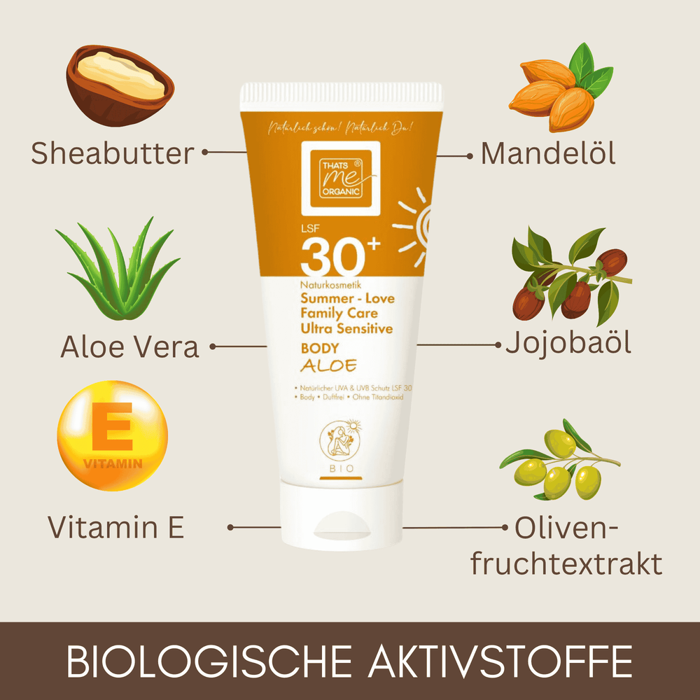Summer Love Family Care Body Aloe LSF 30 enthält pflegende Inhaltsstoffe wie Aloe Vera, Sheabutter und Vitamin E für geschützte und gepflegte Haut