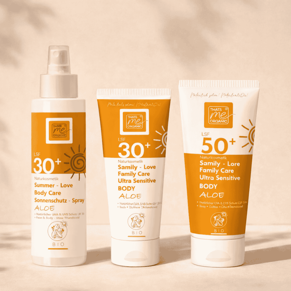 Summer Love Family Care Body Aloe Sonnenschutz Set LSF 30 und LSF 50 von Thats me organic – Übersicht aus Spray und Tube für die ganze Familie und empfindliche Haut
