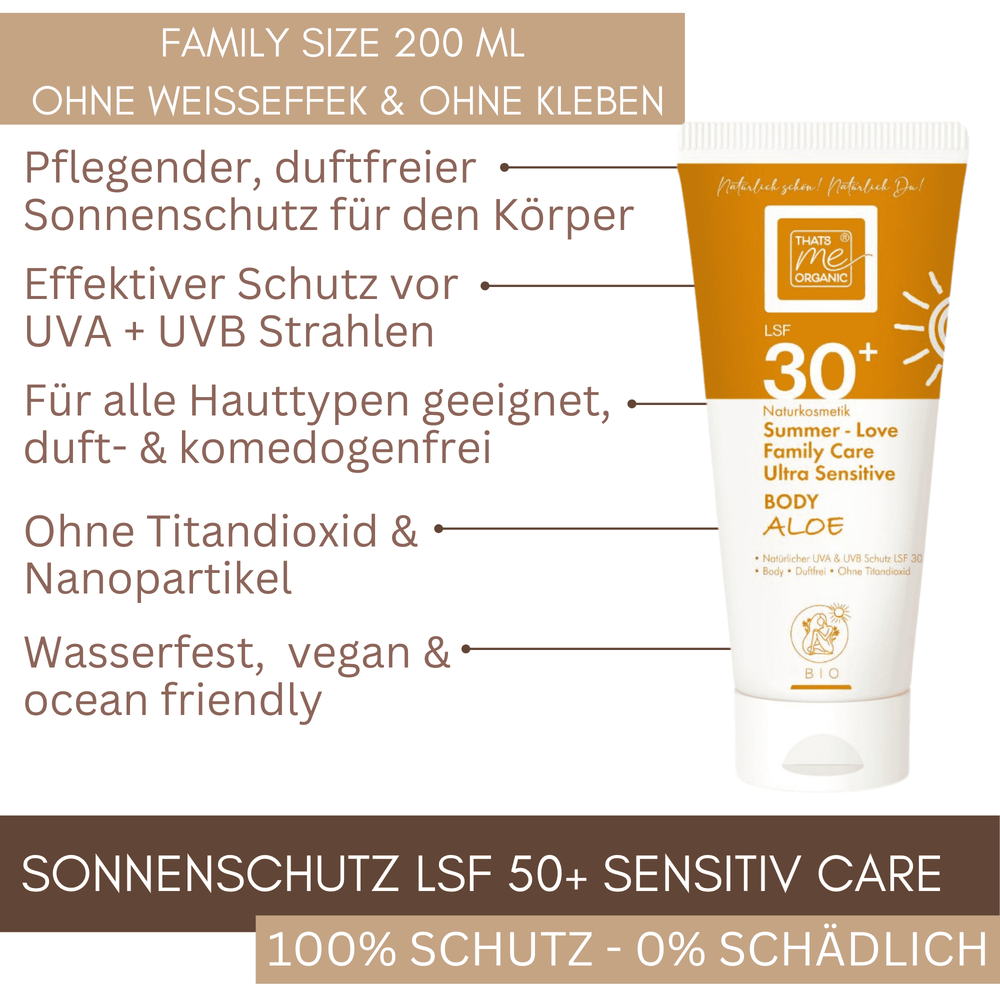 Summer Love Family Care Body Aloe LSF 30 Sonnenschutz ohne Titandioxid und Nanopartikel – duftfrei, wasserfest, reef friendly und ideal für alle Hauttypen