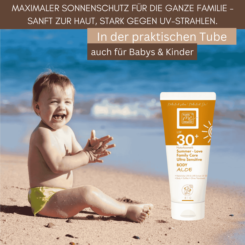 Summer Love Family Care Body Aloe LSF 30 Sonnenschutz ist besonders sanft zur Haut und eignet sich ideal für Babys, Kinder und die ganze Familie