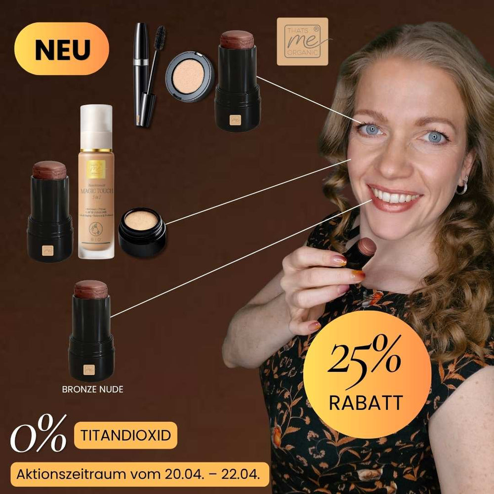 Model zeigt Make up Look mit Bronze Nude Stick, Foundation und Lidschatten mit 25 Prozent Rabatt ohne Titandioxid