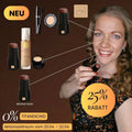 Model zeigt Make up Look mit Bronze Nude Stick, Foundation und Lidschatten mit 25 Prozent Rabatt ohne Titandioxid