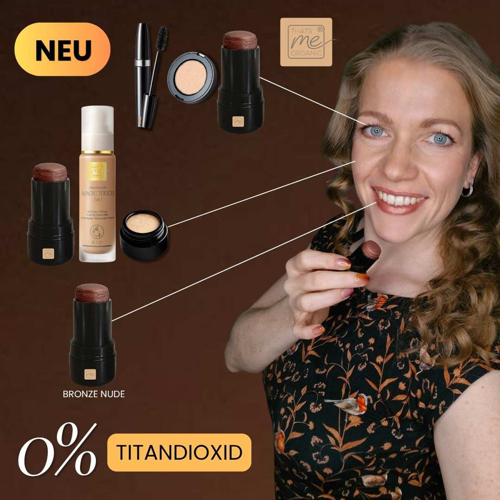 Model zeigt Make up Look mit Bronze Nude Stick, Foundation und Lidschatten ohne Titandioxid