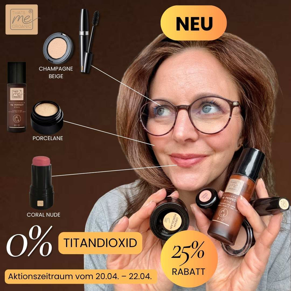 Model zeigt Make up Look mit Coral Nude Stick, Porcelane Foundation und Champagne Beige Lidschatten mit 25 Prozent Rabatt ohne Titandioxid