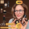 Model zeigt Make up Look mit Coral Nude Stick, Porcelane Foundation und Champagne Beige Lidschatten mit 25 Prozent Rabatt ohne Titandioxid