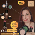 Model zeigt Make up Look mit Coral Nude Stick und grünem Lidschatten mit 25 Prozent Rabatt ohne Titandioxid