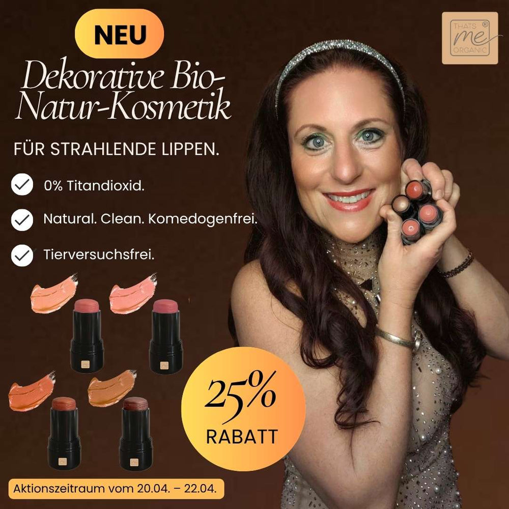 Dekorative Bio Naturkosmetik von Thats me organic für strahlende Lippen, 3 in 1 Lippenstift Rouge und Lidschatten, natürliche Farben ohne Titandioxid, 25 Prozent Rabatt Aktion
